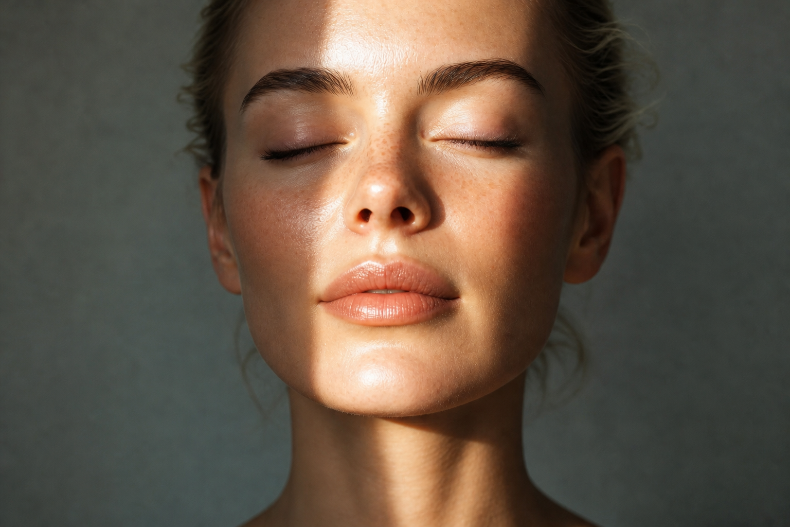 Rosto feminino de frente com olhos fechados, mostrando a face e o pescoço